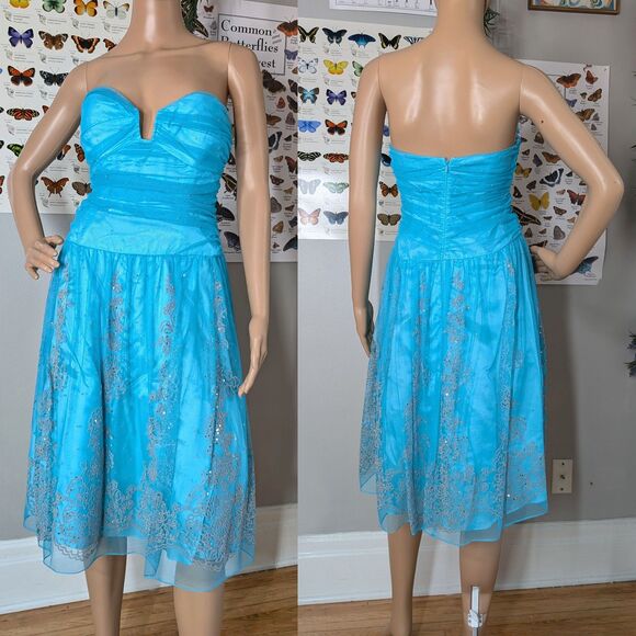 Vintage y2k Niki Livas Formal Dress Strapless Mesh Floral Beaded Blue Size 10 - Picture 1 of 11